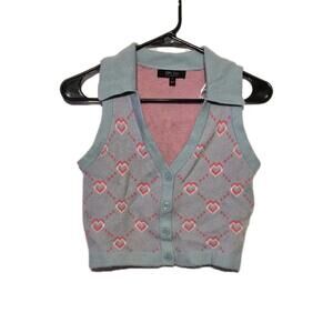 Witty Fox Heart Knit Sleeveless Cropped Vest Pink And Blue Sz S Argyle Y2k